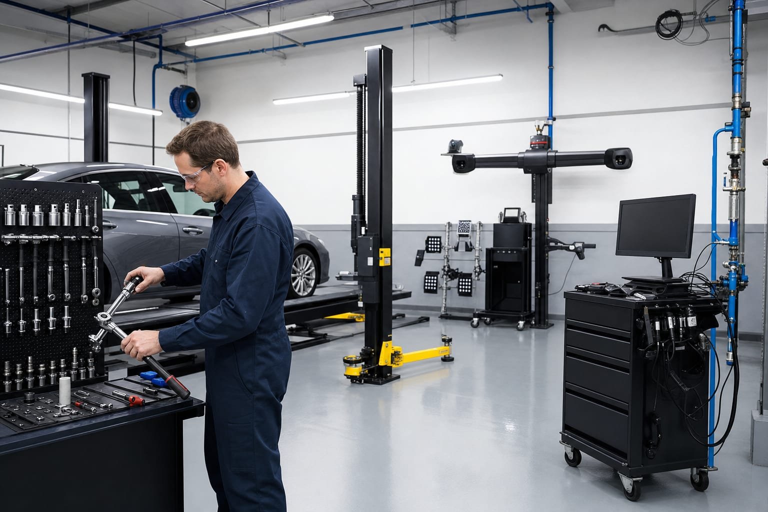 Hydraulic vehicle lift, alignment rig and diagnostic cart in a modern automotive workshop.