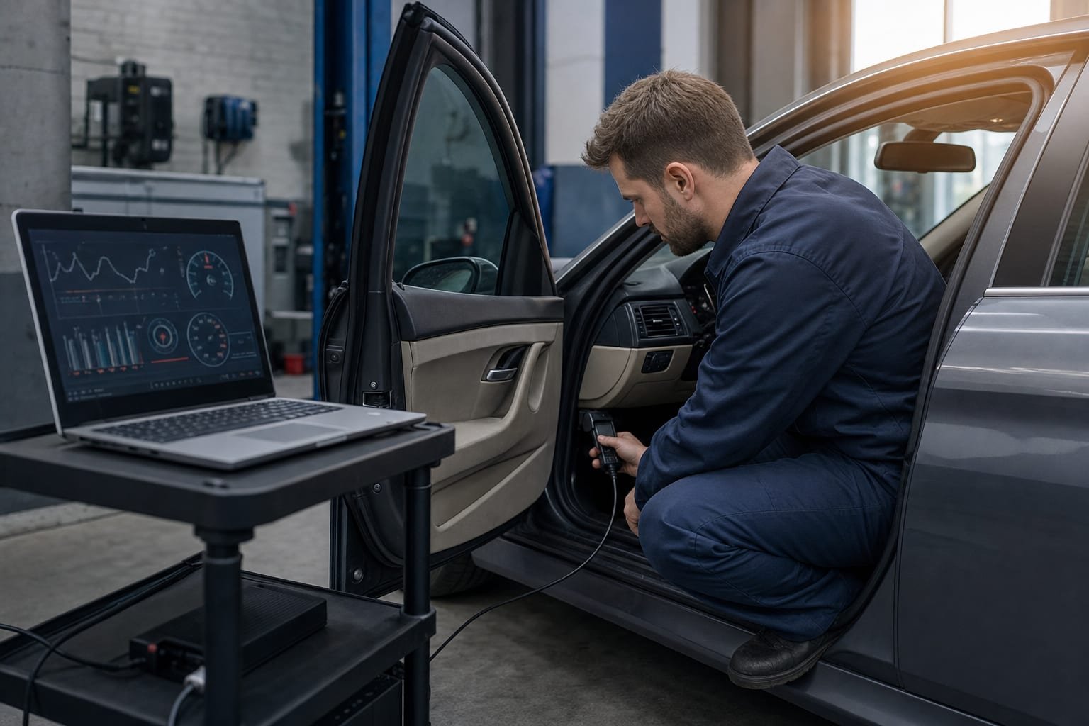 Technician connecting a diagnostic scan tool to a vehicle with a laptop showing readings.