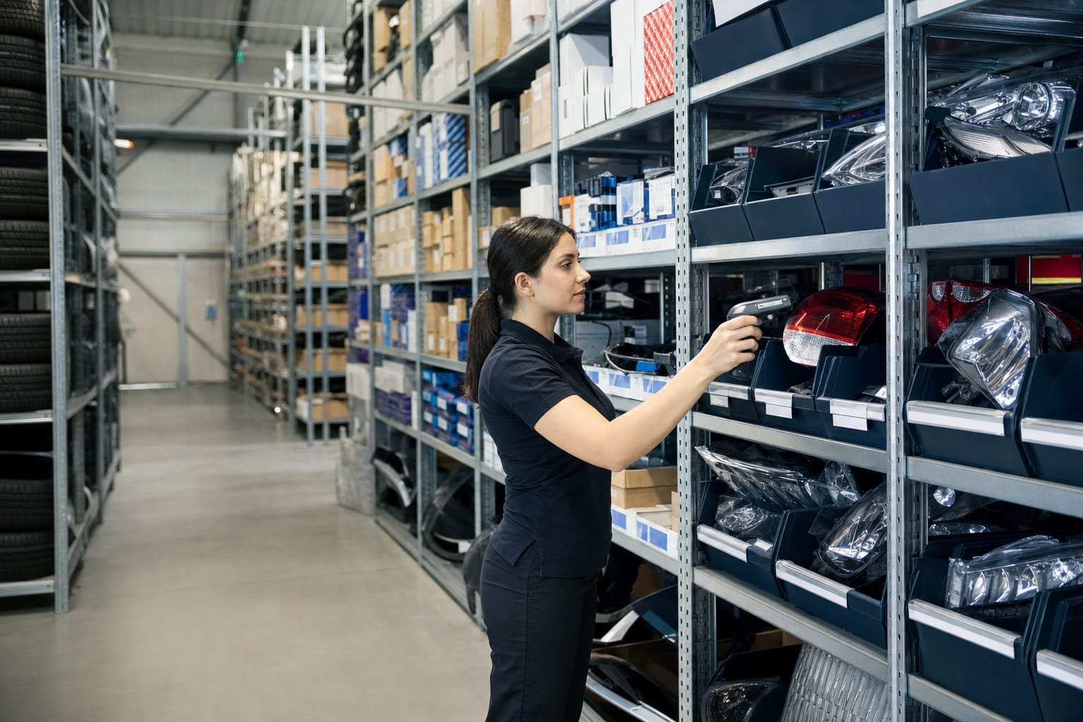 Automotive spare-parts warehouse with labelled bins, boxed parts and stacked tyres.