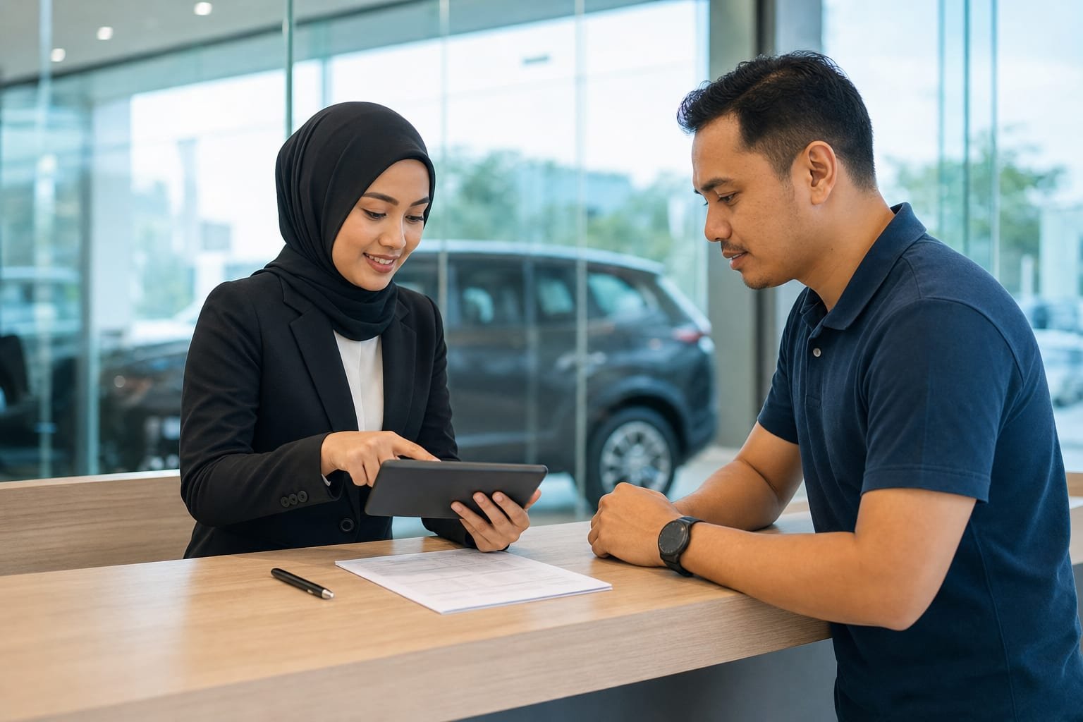 Service advisor reviewing a digital job card on a tablet with a customer at the service counter.
