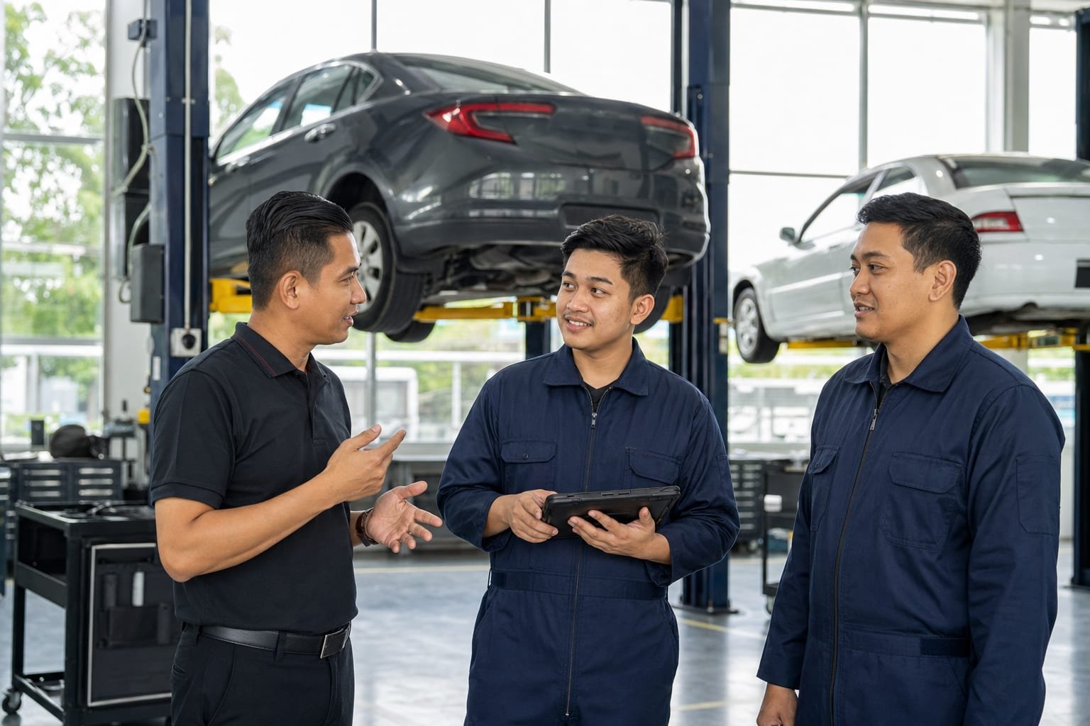 Service advisor briefing two technicians beside a service bay in a car dealership workshop.