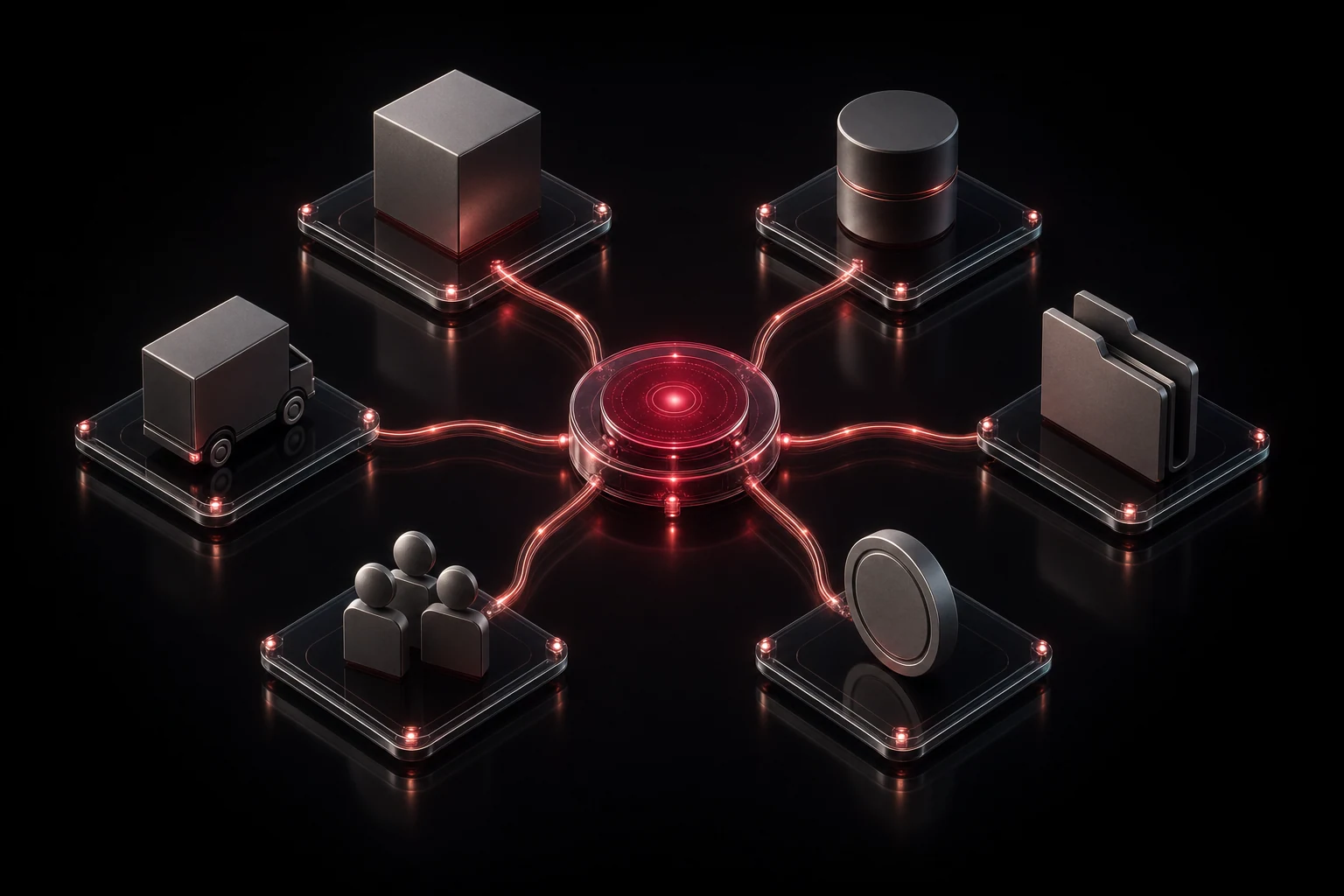 Enterprise department automation: six isometric platforms linked to a central glowing hub.