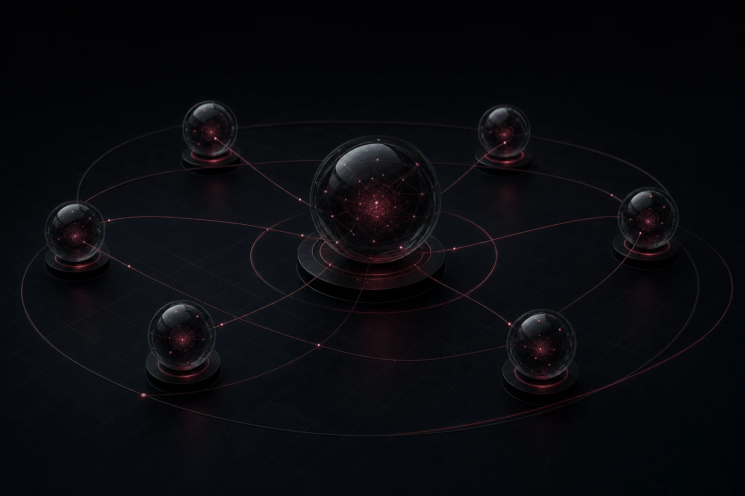 A multi-agent ecosystem: a central glass orchestrator sphere with six satellite agent nodes connected by luminous filaments.