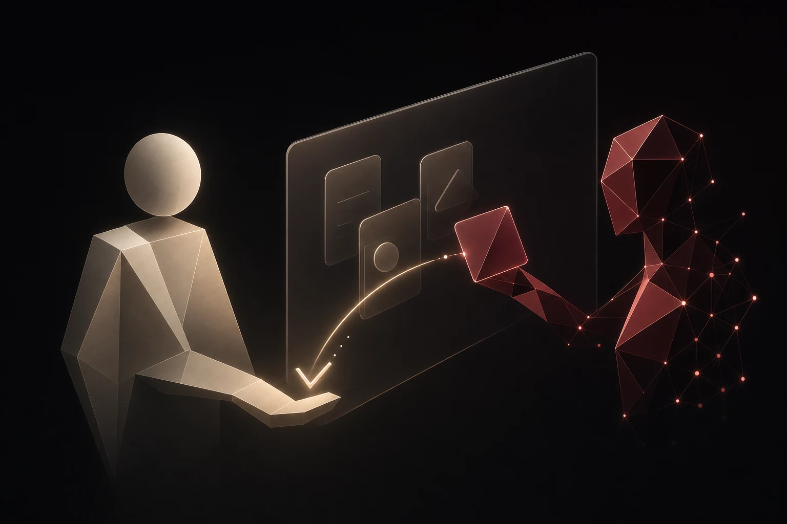 Human and AI collaboration: an abstract human form and a faceted AI presence sharing a translucent approval workspace.