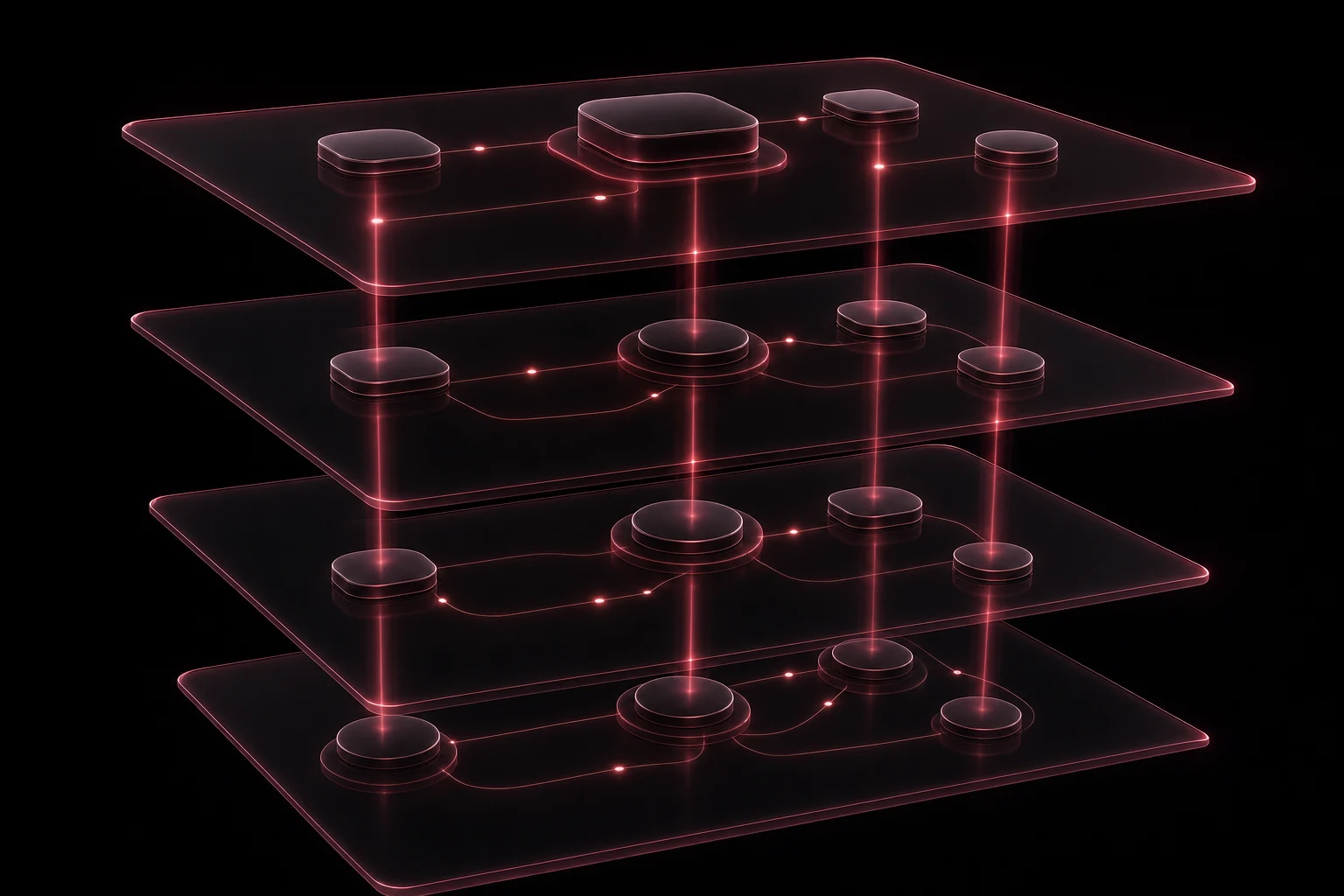 A layered agent orchestration architecture: four translucent planes connected by vertical light beams.