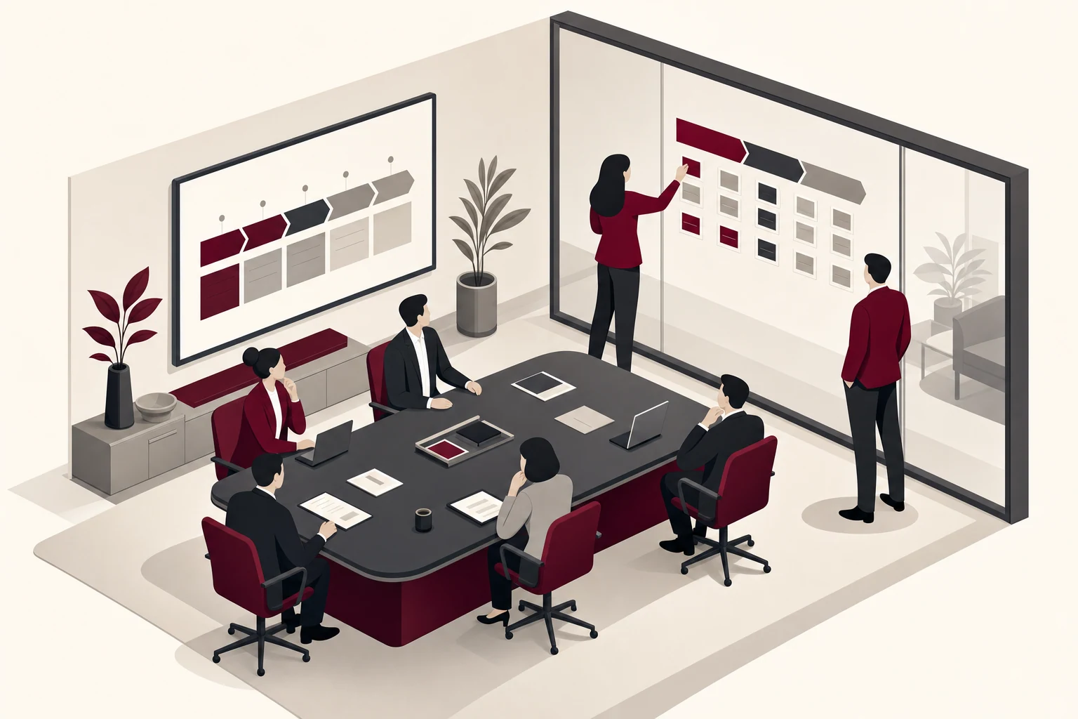 An executive AI strategy workshop: a leadership team around a boardroom table with a facilitator arranging cards into a phased plan on a glass wall.