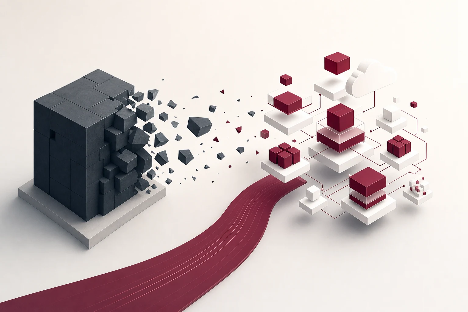 An isometric transformation journey: a monolithic legacy block fragmenting and reassembling into a modular cloud-native architecture.