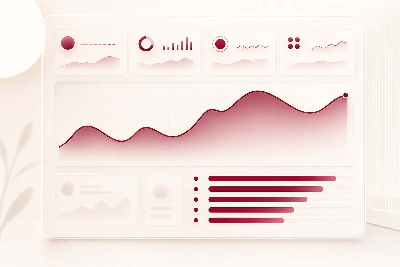 An executive KPI cockpit with stat tiles, a trend curve and a ranked bar list.