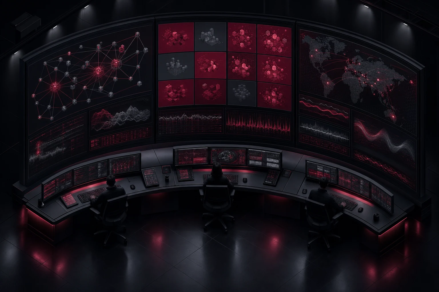 A security operations centre with a curved wall of displays showing topology graphs and severity grids.