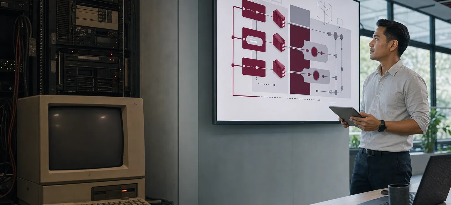 A legacy server rack and terminal on the left giving way to an engineer reviewing a modern layered architecture diagram.