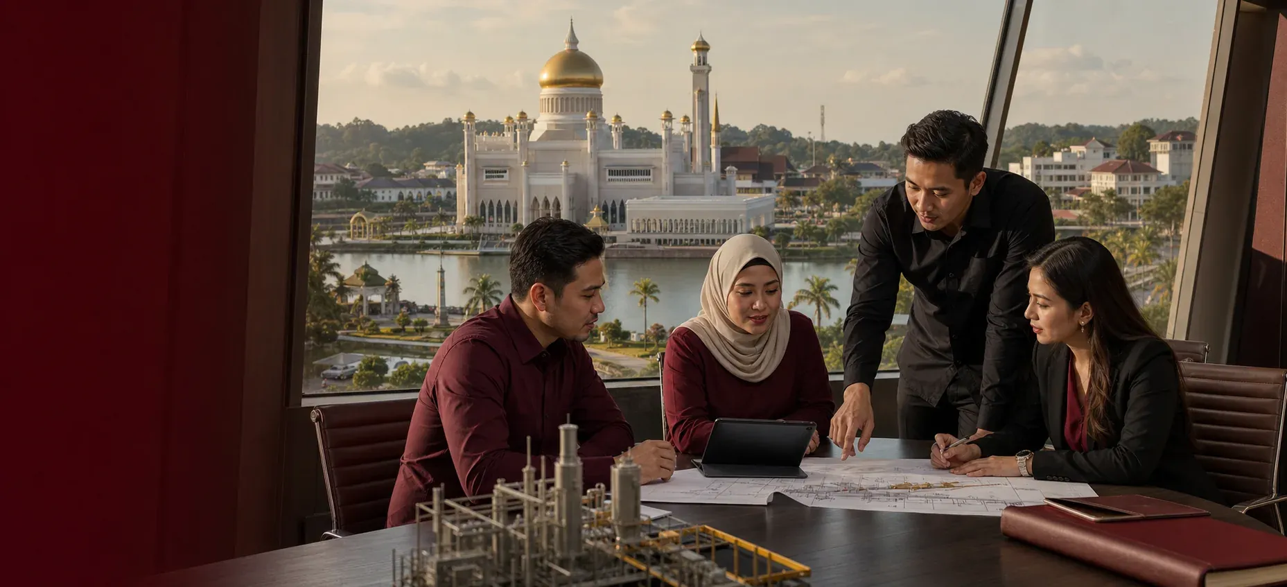 A team reviewing plans and a facility model in a boardroom overlooking the Omar Ali Saifuddien Mosque in Bandar Seri Begawan.