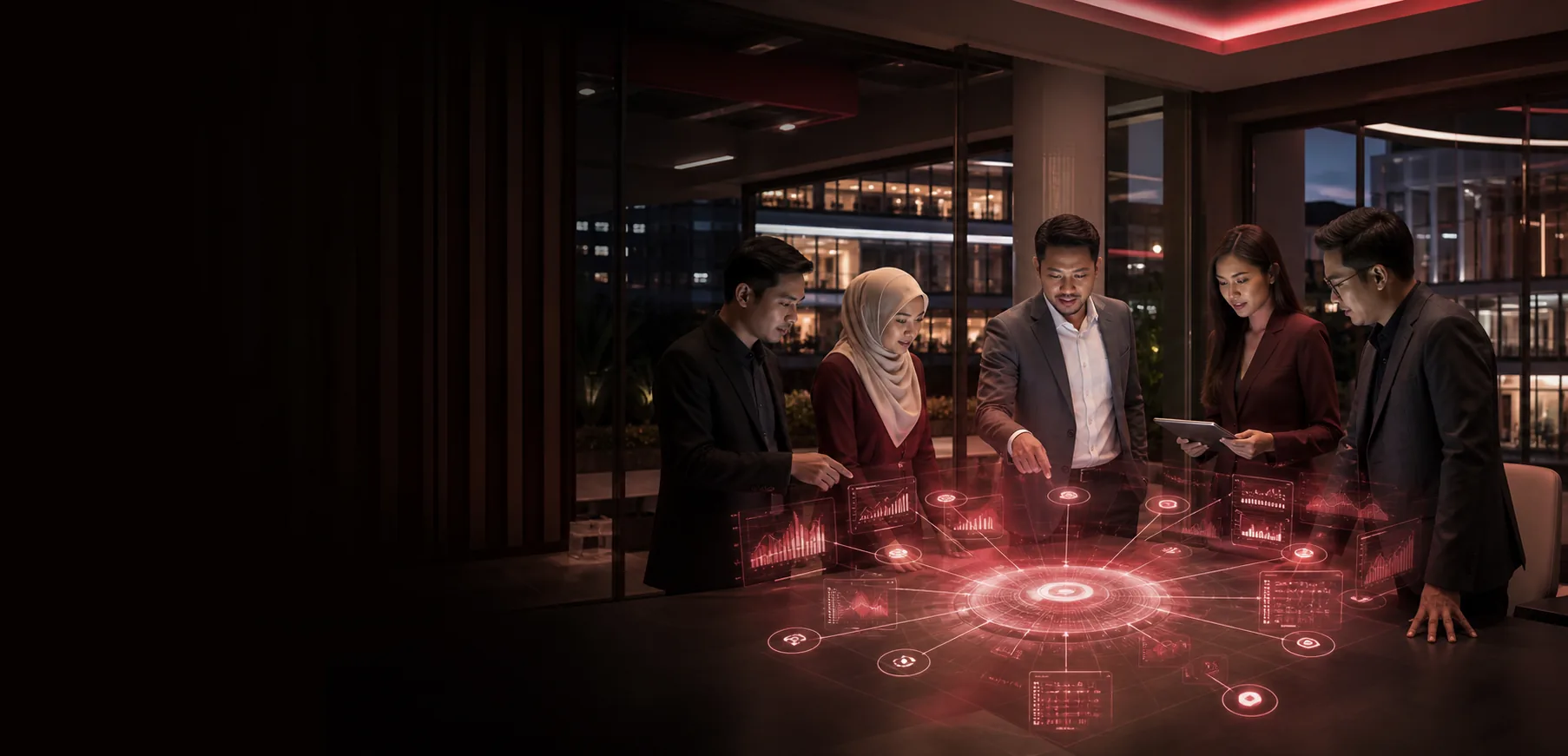 A leadership team gathered around a table reviewing live operational dashboards projected above it.