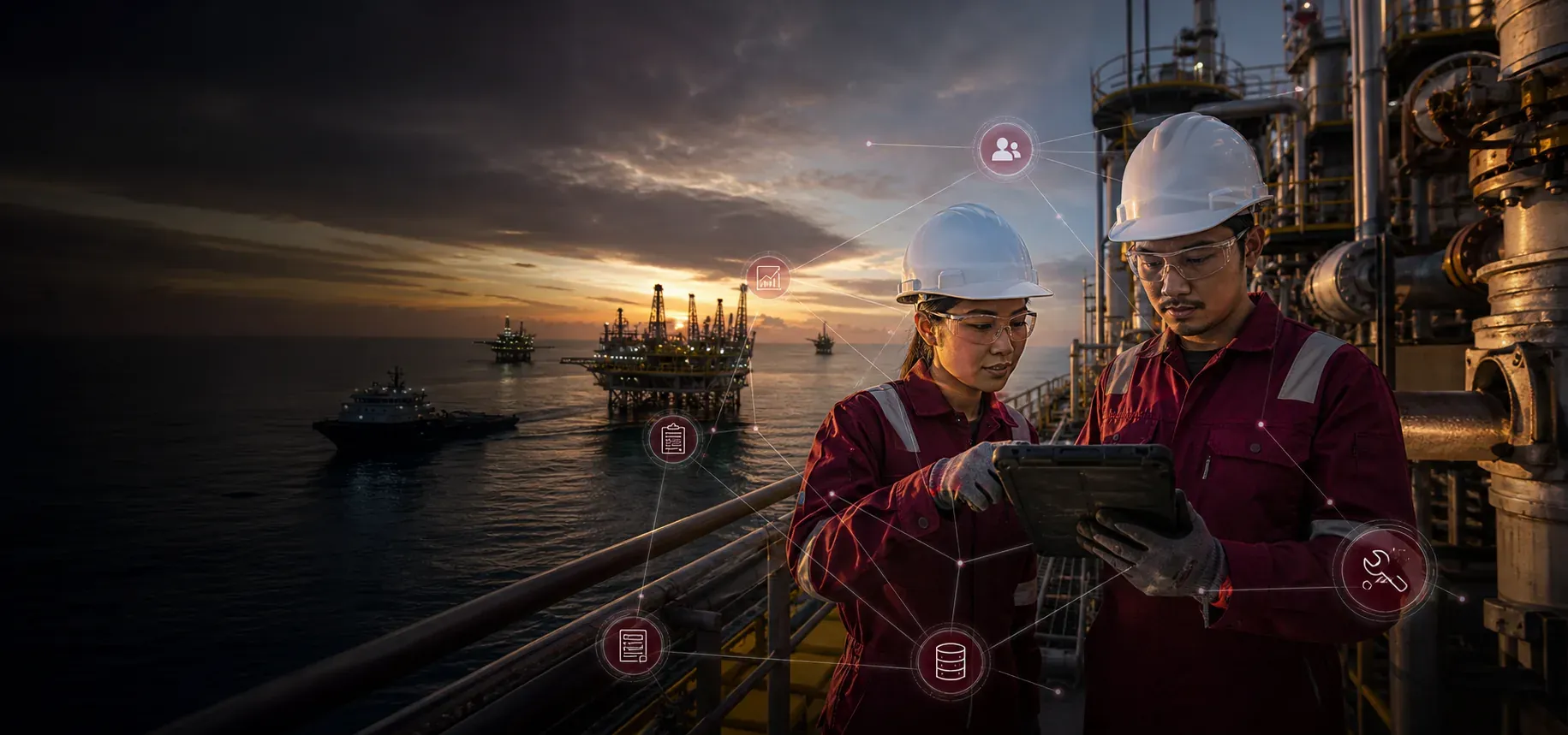 Two engineers in protective gear reviewing connected operational data together on a tablet.