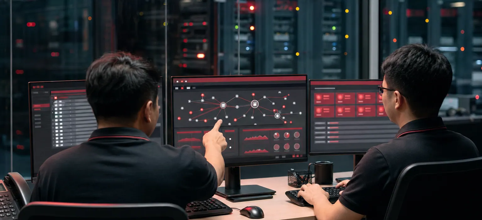 Two engineers monitoring infrastructure health, a network topology and a ticket queue across three screens, with a server room behind glass.