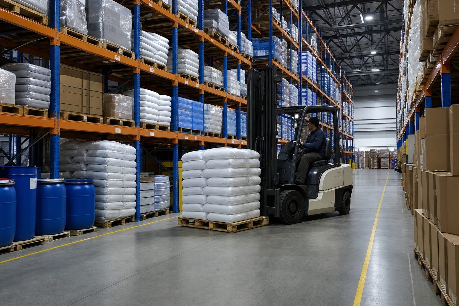 Industrial warehouse aisle with stacked drums, boxes and materials.