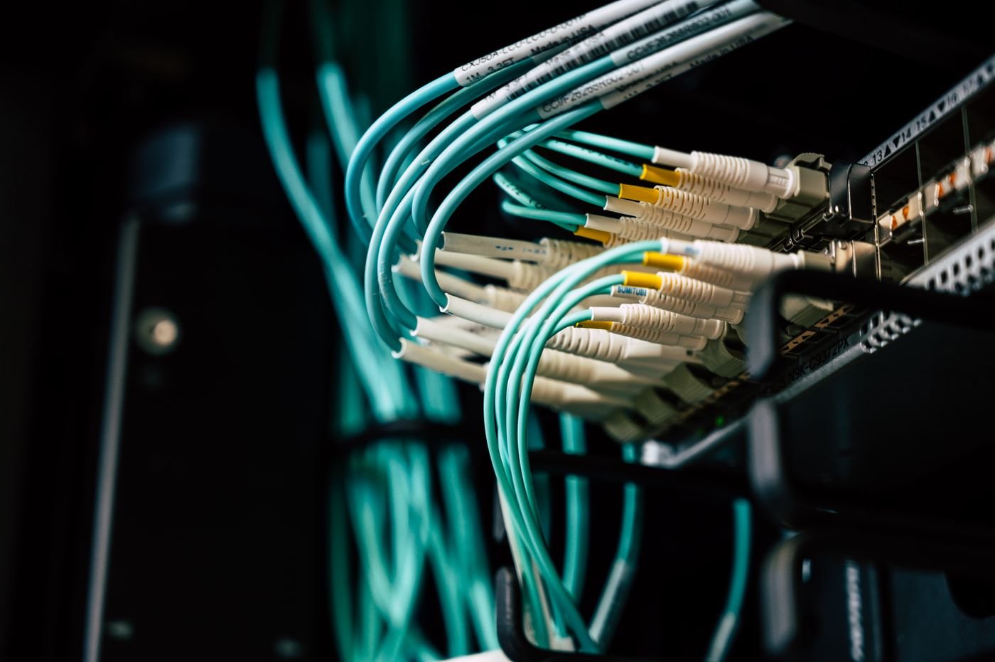 Network patch panel with fibre-optic cables in a data centre.