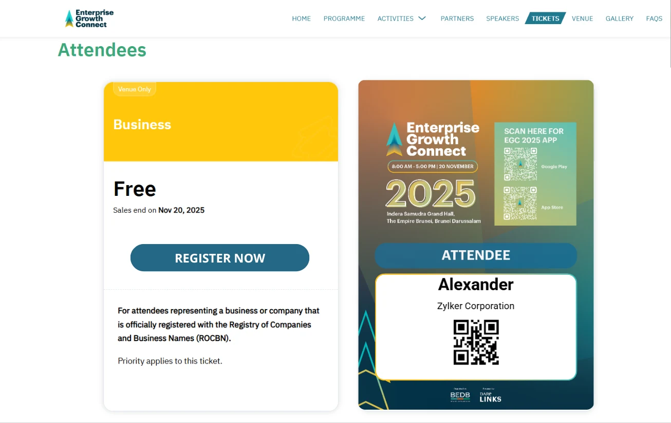 Zoho Backstage registration and ticketing screen.