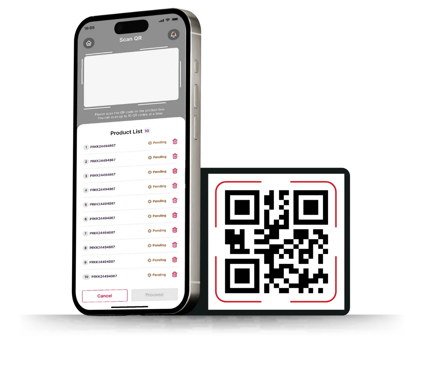 Essa Trend B2B app screen for scanning product QR codes.