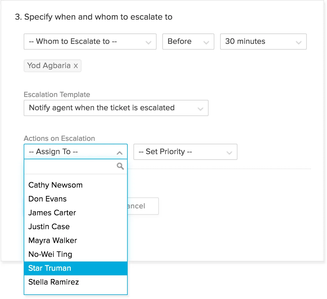 Zoho Desk escalation rule configuration screen.