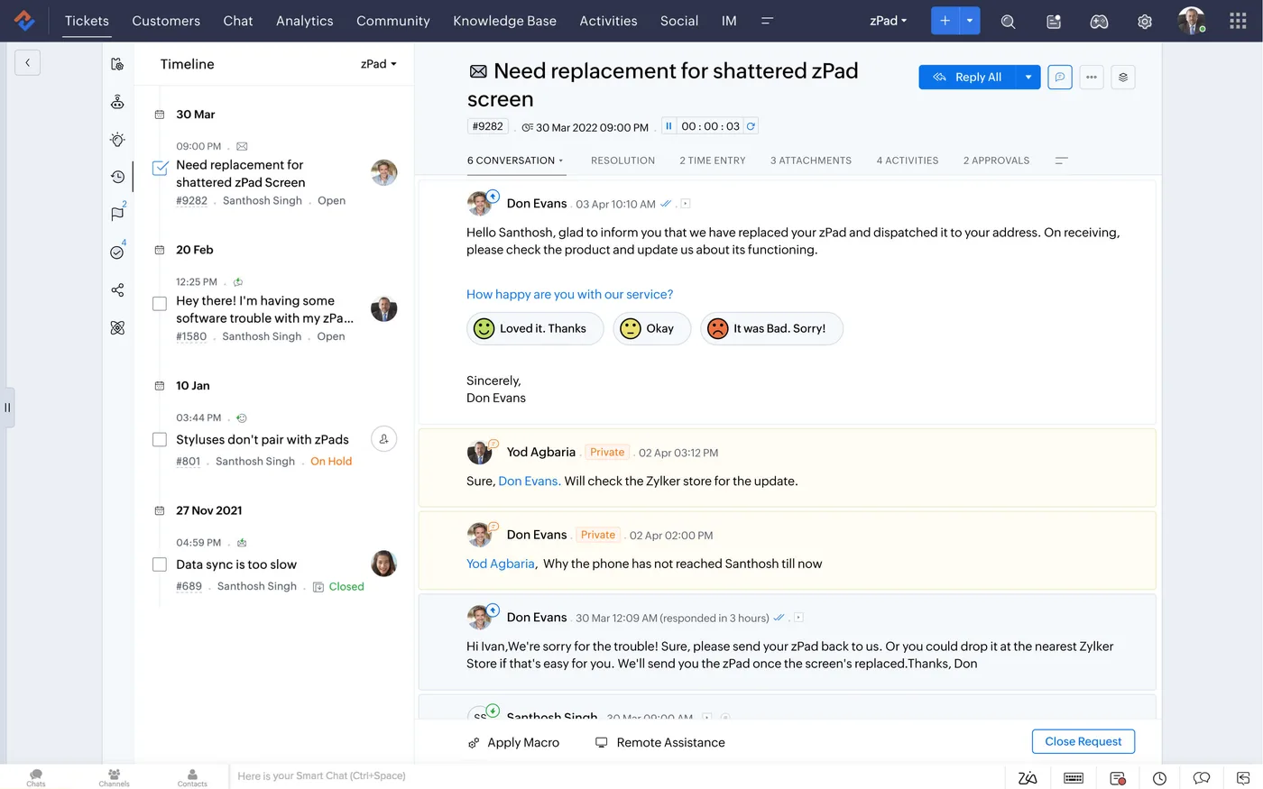 Zoho Desk ticket timeline showing a status update to the customer.