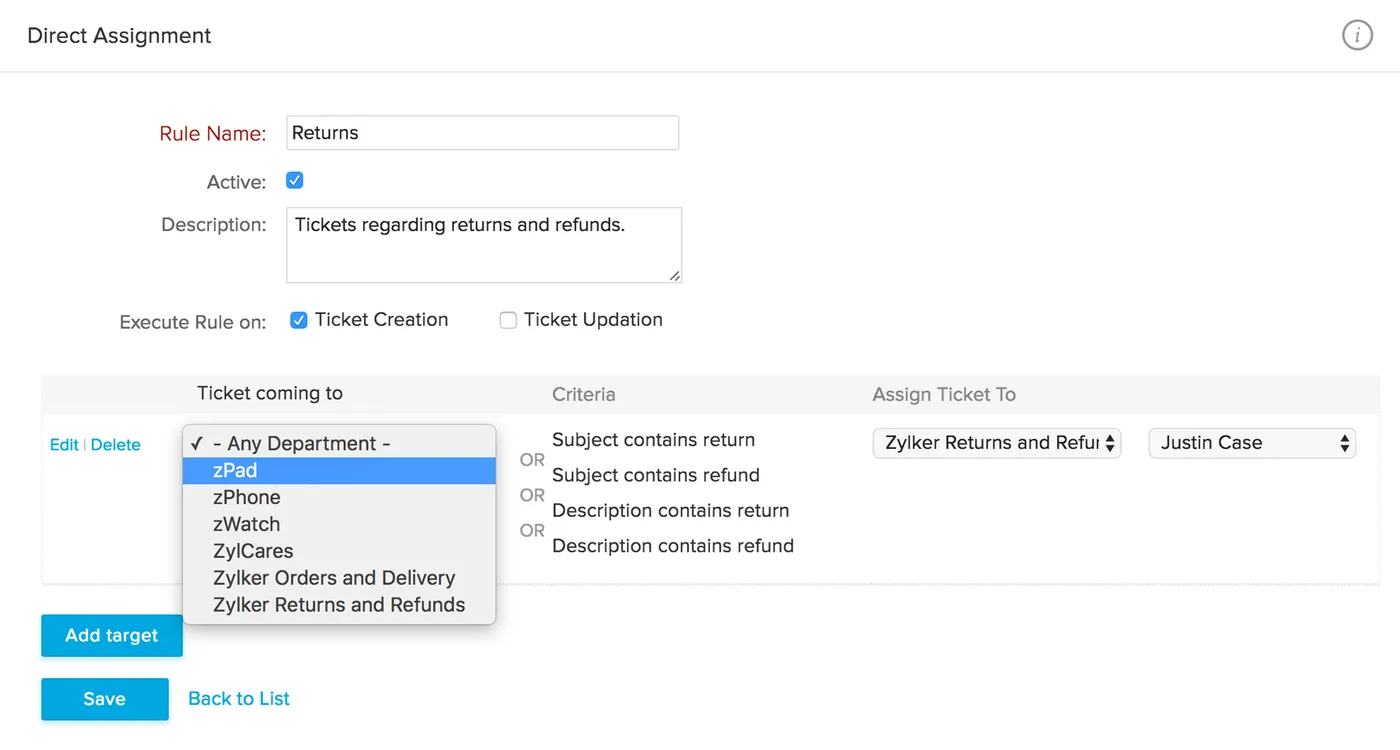 Zoho Desk routing rule directing tickets to the correct team.