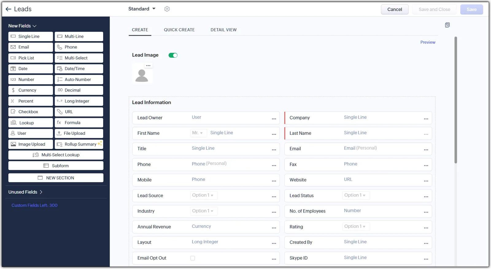 Zoho CRM layout editor showing module customization.