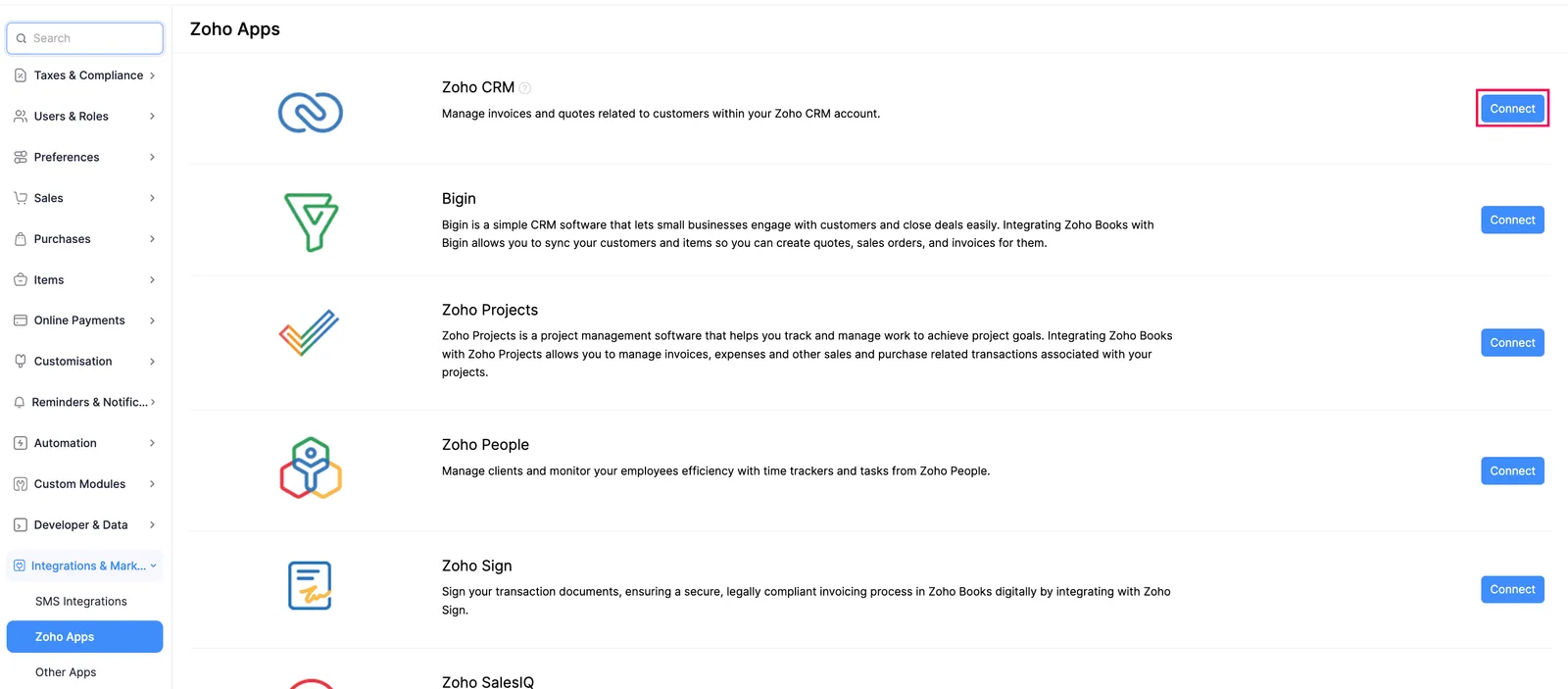 Zoho Books CRM integration settings screen.
