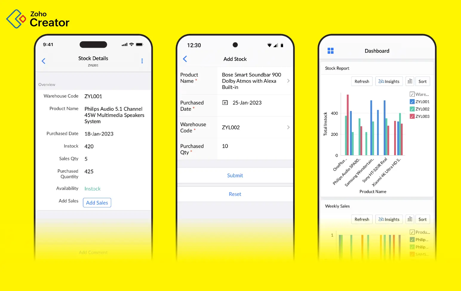 Zoho Creator UOM-based inventory tracking module.