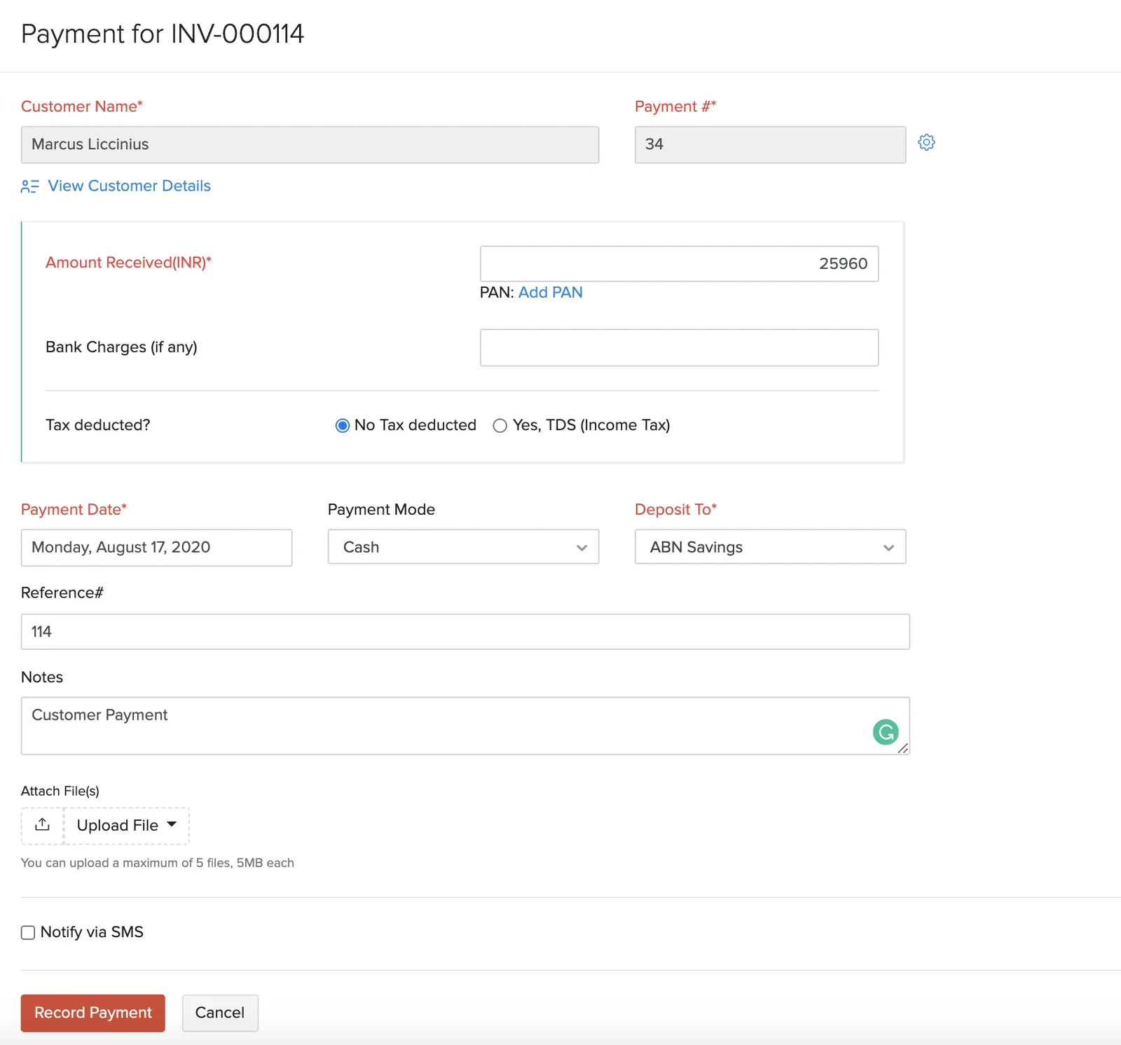 Zoho Books payment recording screen for a customer invoice.