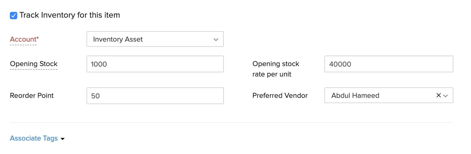 Zoho Books item screen showing inventory tracking settings.