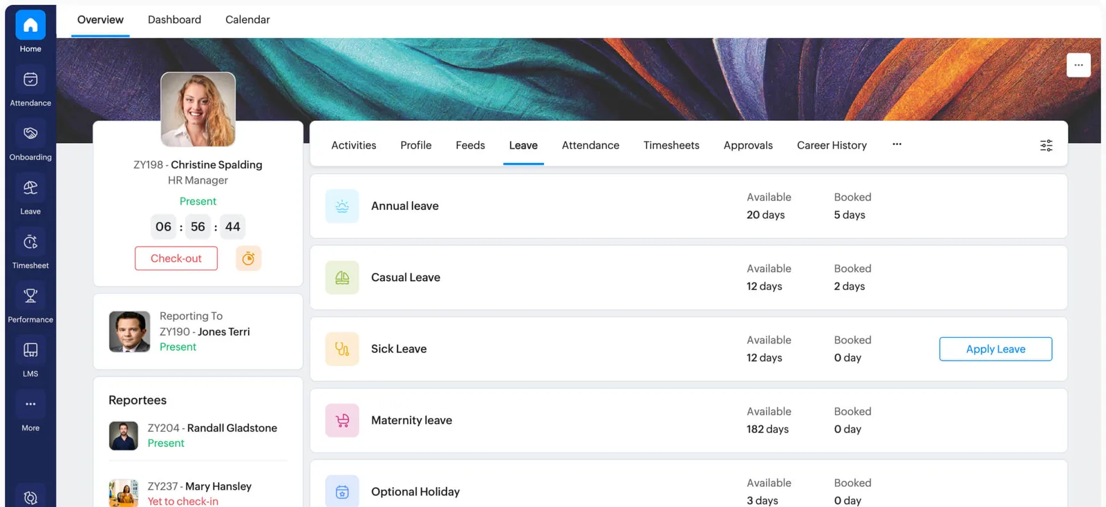 Zoho People leave dashboard showing leave types and available balances.