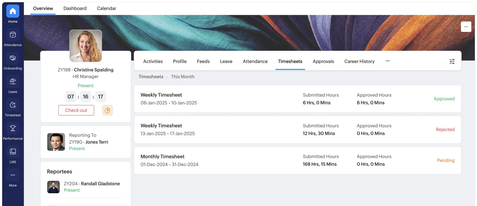 Zoho People timesheet screen showing submitted and approved hours.