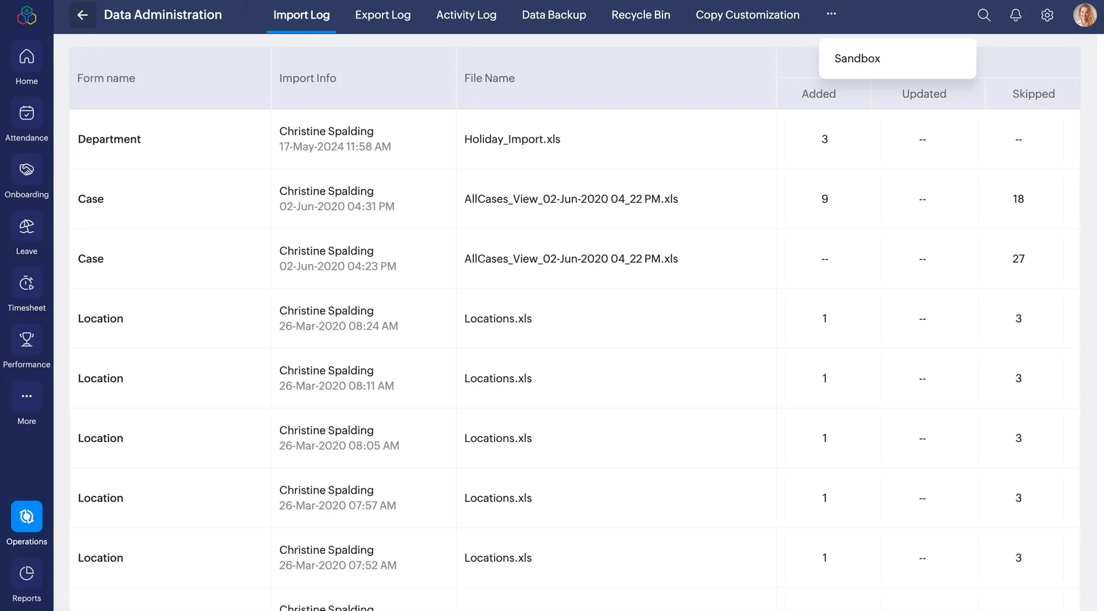 Zoho People data administration import log showing migrated records.