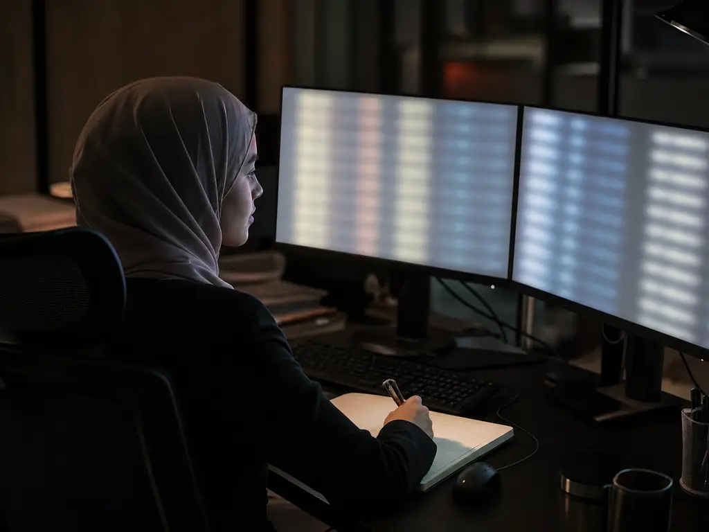 A compliance professional at a dual-monitor workstation reviewing a long list of records with a notepad in hand.