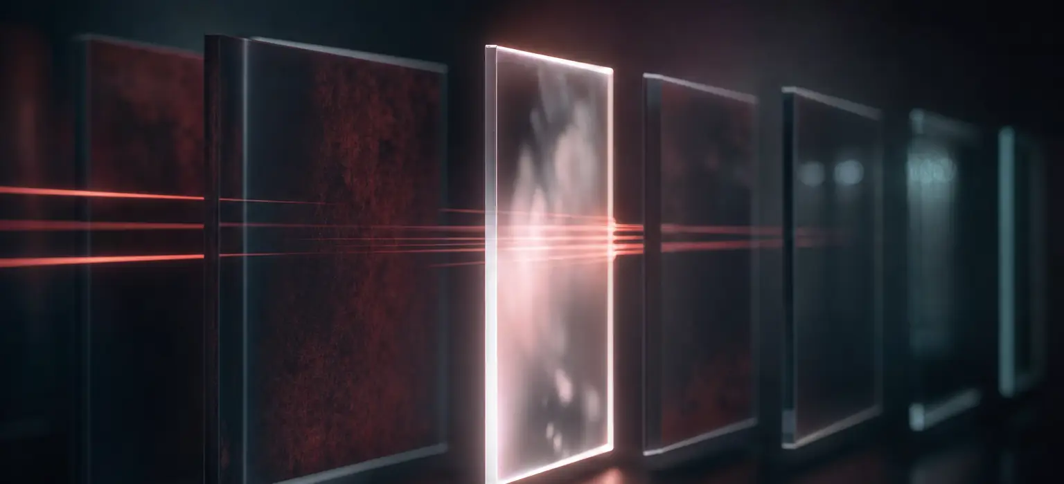 Layered translucent panels receding into darkness, one lit brighter than the rest.