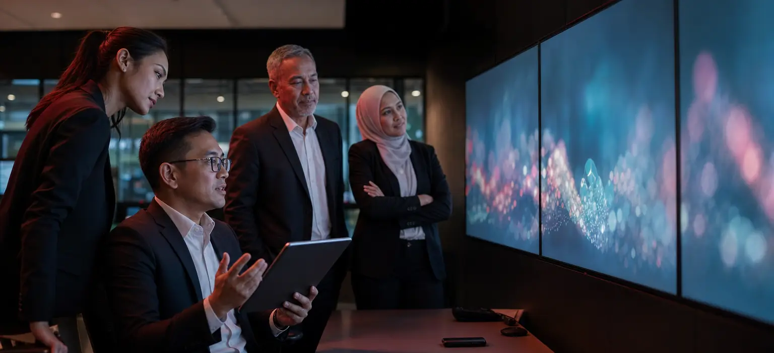 Colleagues in an operations room reviewing an assistant's proposed actions on wall displays, one approving on a tablet.