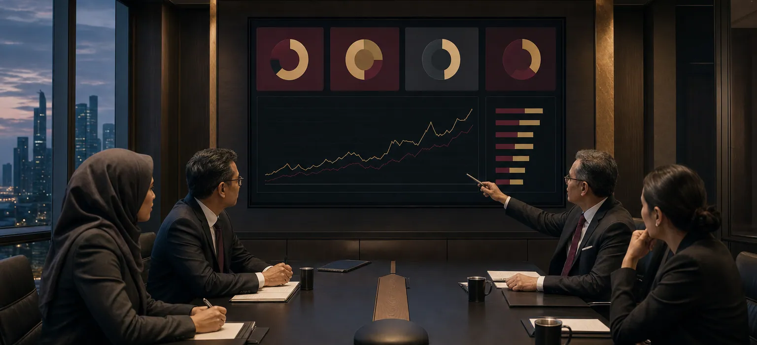 Executives reviewing an abstract KPI dashboard on a large display in a boardroom.