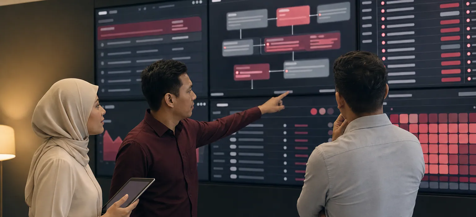 Colleagues reviewing operational boards and an exception queue on a wall of screens in a command room.