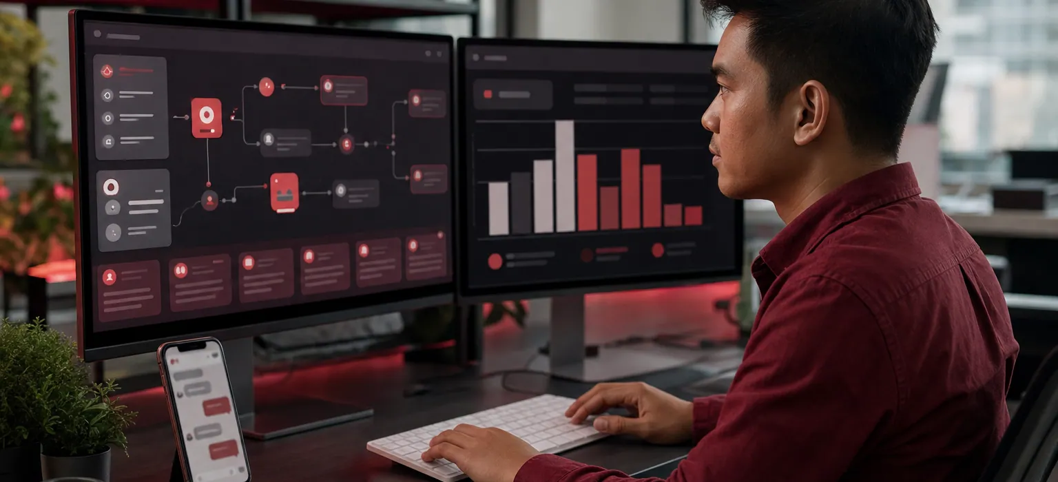 A marketer working on an abstract campaign journey builder across two monitors.