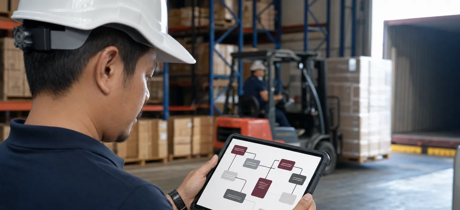 A procurement officer reviewing a purchase-order flow on a tablet in front of a distribution warehouse.