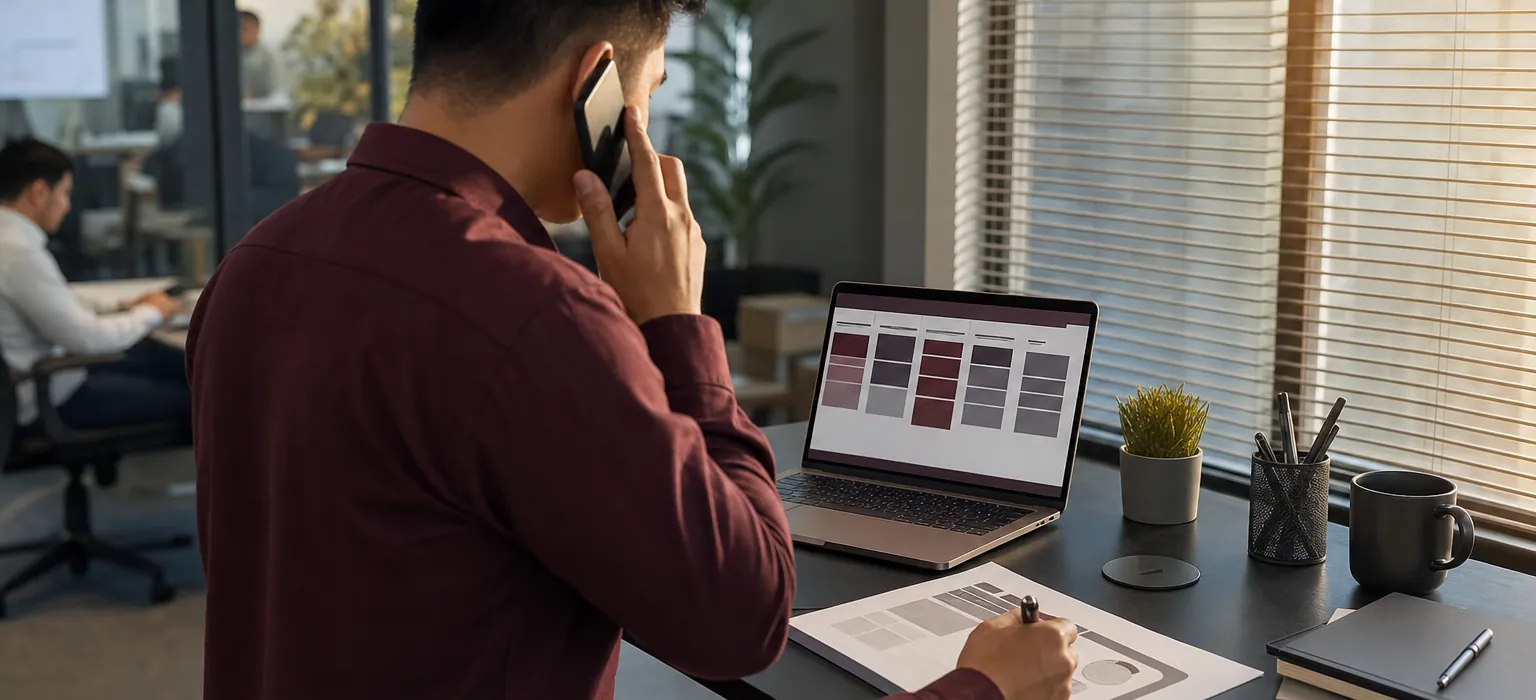 A salesperson on a call at a standing desk, annotating a printed account plan beside a laptop showing a deal-stage board.